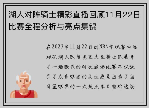 湖人对阵骑士精彩直播回顾11月22日比赛全程分析与亮点集锦