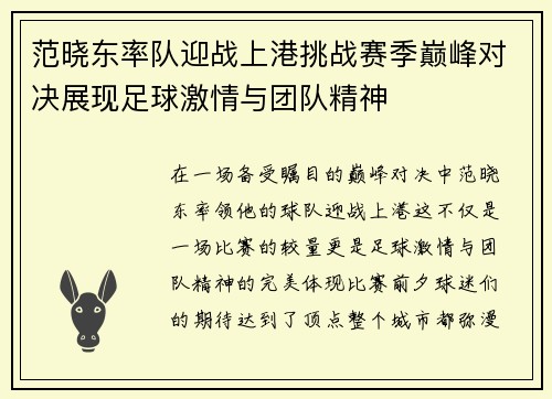 范晓东率队迎战上港挑战赛季巅峰对决展现足球激情与团队精神